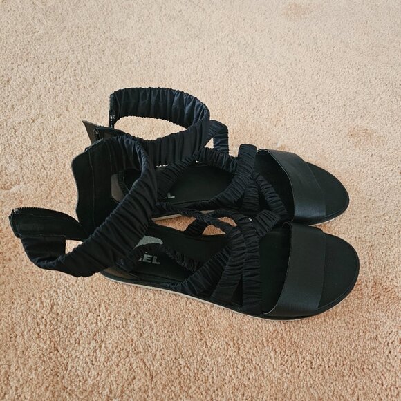 SOREL Black Ella Ankle Strap Open Toe Leather Sandals - Picture 2 of 7